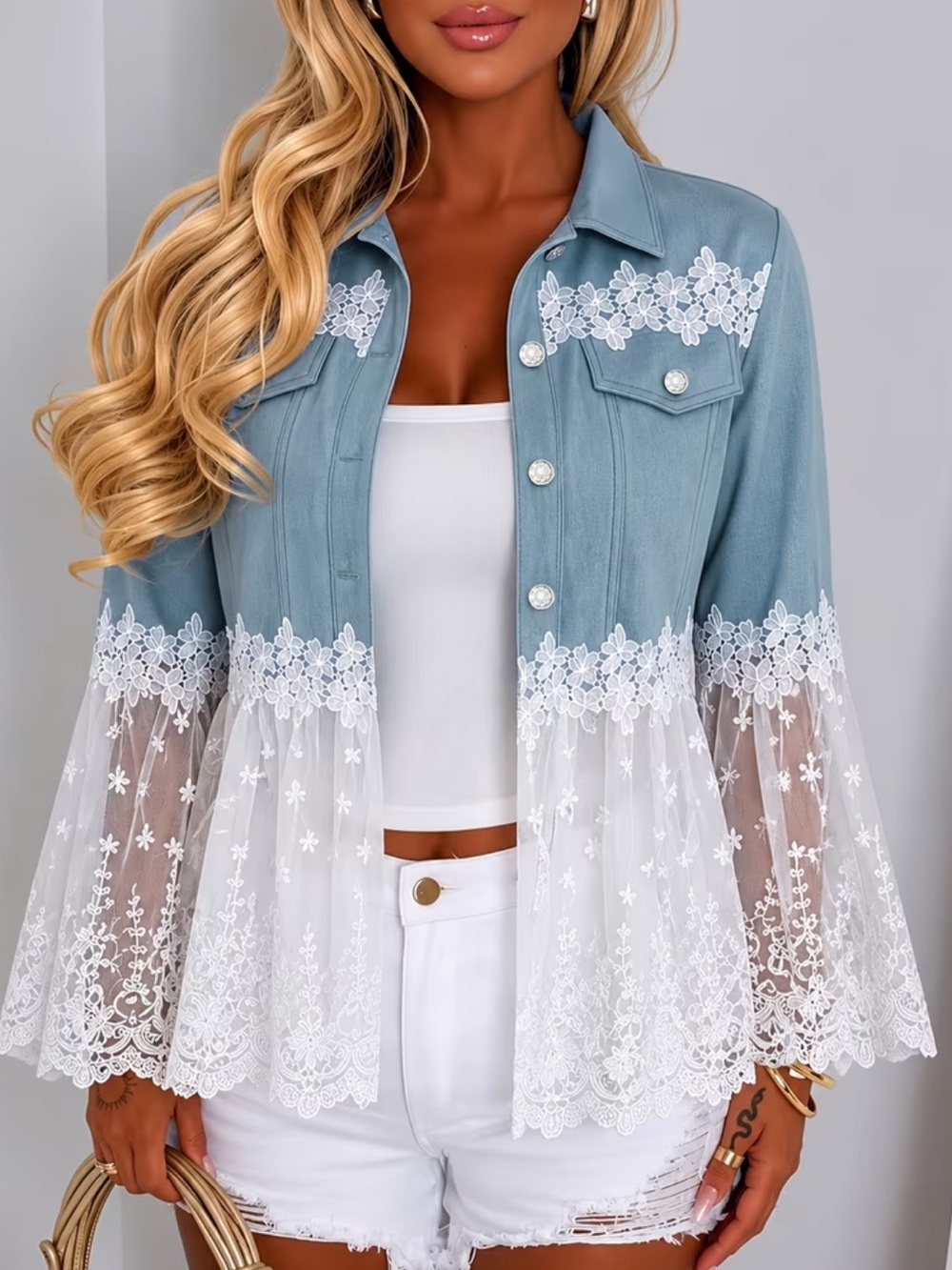 Women's Spring/Autumn Imitation Denim & Lace Jacket - Semi-Sheer Patchwork Cardi